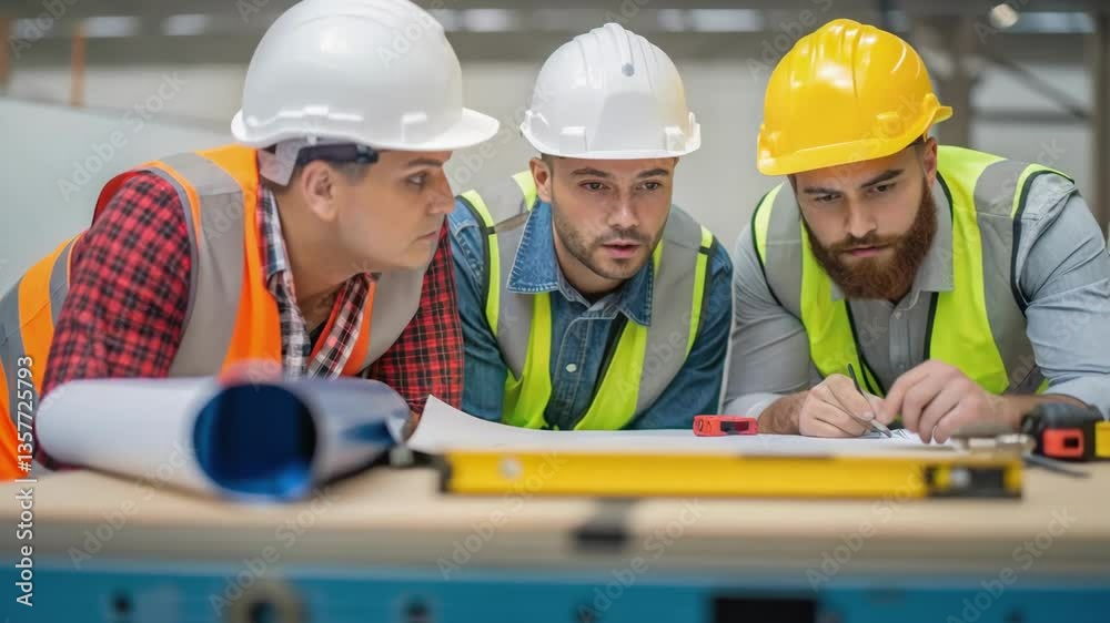 Poster a medium closeup of a workforce in hard hats and safety gear closely examining technical plans sprea