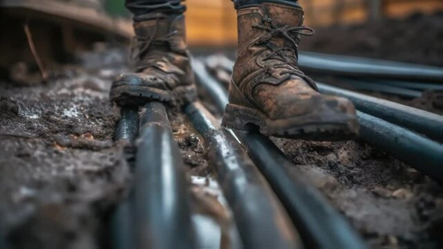 A medium closeup of a workers footwear caked in mud illustrating the challenging terrain faced while assembling the cable conduits underground.