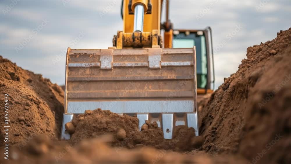 Poster A medium closeup of heavyduty machinery like a backhoe digging out a base for the tower its powerful structure contrasted against the softness of the earth being moved.
