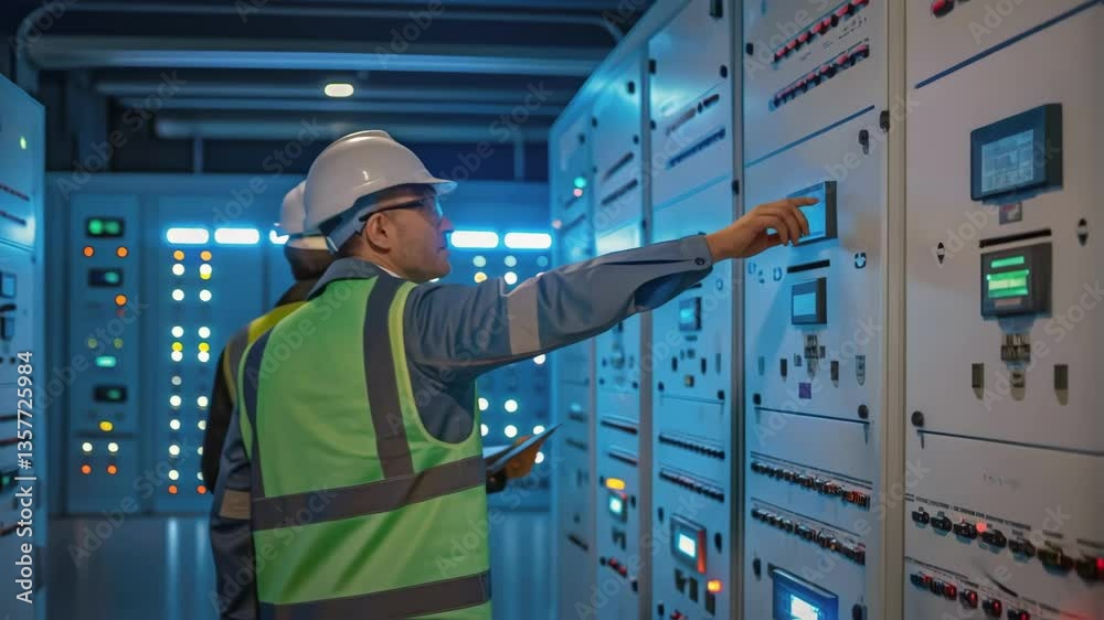 Poster a medium closeup of engineers inspecting circuit breaker equipment discussing configurations under b
