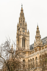 Fototapeta premium A large, white building Vienna City Hall with a clock tower and a spire