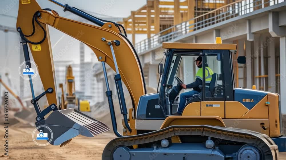 Poster A medium closeup of heavy machinery with advanced sensors operating seamlessly on a construction site illustrating the integration of automation in largescale projects.