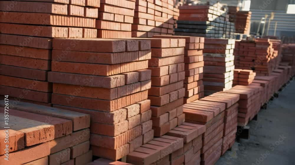 Poster a medium closeup of newly stacked bricks showing the meticulous arrangement as the sunlight casts sh