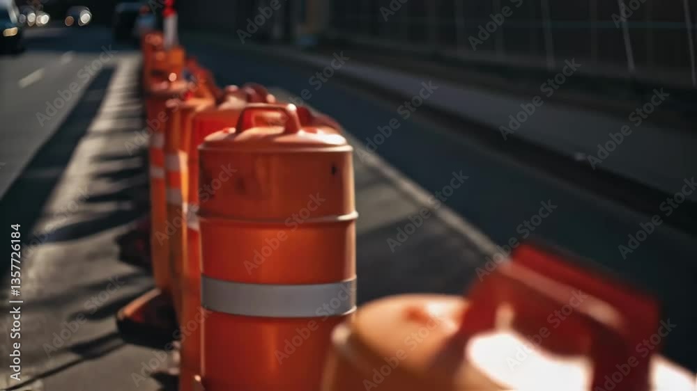 Aufkleber A medium closeup of orange construction barriers with reflective tape casting sharp shadows in the light of portable generators conveying a sense of urgency in the ongoing work.