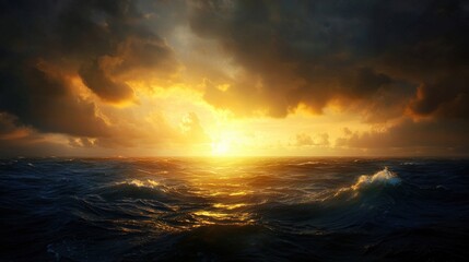 A dramatic sunset over turbulent ocean waves, with dark clouds illuminated by warm golden light, creating a captivating seascape.