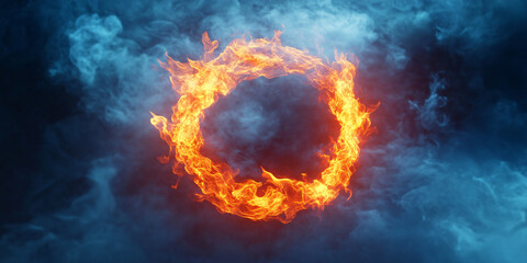 Fototapeta premium ring of fire shrouded in smoke or fog. dark background. glow and burning effect. 3d rendering. fire. modern style. banner illustration