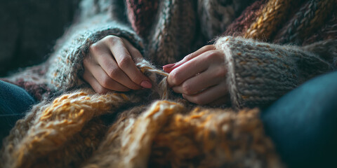Knitting hands in warm sweater, cozy autumn craft activity, Handmade woolen fabric, slow living and creative comfort
