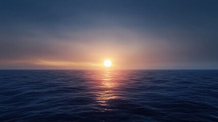 Obraz premium A serene sunset over calm ocean waters, casting a warm glow on the surface, creating a tranquil and picturesque scene.