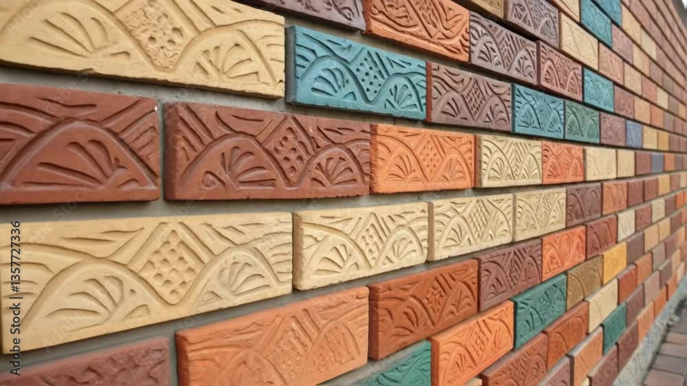 Poster a medium closeup showcasing a finished brick wall section with vibrant patterns and textures illustr