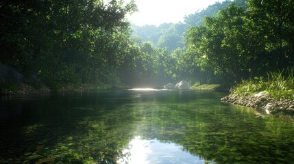 Obraz premium A serene river flows through lush green trees, reflecting light and nature's beauty in a tranquil landscape.
