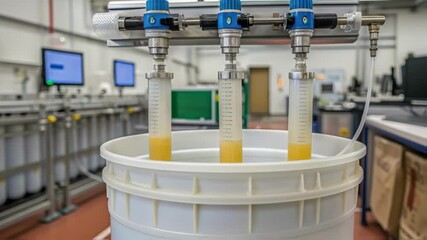 A medium closeup showing a batch of finished chemical product being discharged from the mixing system into a waiting container illustrating the output process.