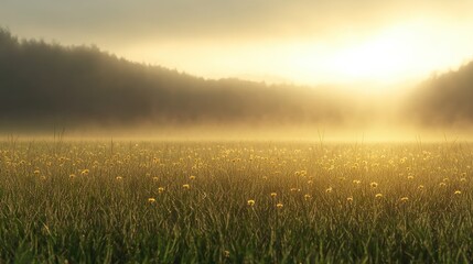 A serene field bathed in golden sunlight, with mist rising and distant trees creating a tranquil natural landscape.