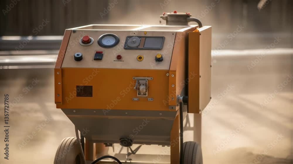 Aufkleber An angled medium closeup of an industrial sandblasting machine showcasing its sy construction and various controls with a hint of dusty ambiance surrounding it.