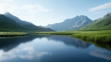 Fototapeta premium A serene landscape featuring a tranquil lake surrounded by lush green hills and majestic mountains under a clear blue sky.
