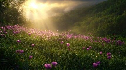 Naklejka premium A serene landscape featuring a field of pink flowers basking in sunlight, with lush green hills in the background and soft mist adding a mystical touch.
