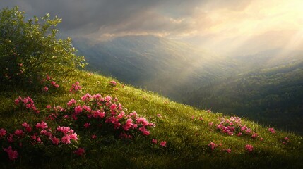 Obraz premium A serene landscape featuring vibrant pink flowers on a grassy hillside, illuminated by soft sunlight breaking through dramatic clouds.