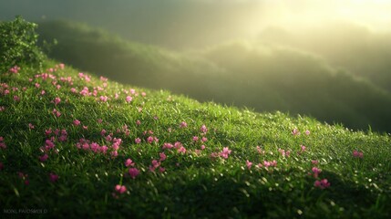 Obraz premium A serene landscape with vibrant pink flowers gently blooming on a lush green hill, illuminated by soft sunlight and misty surroundings.