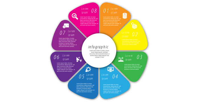 Infographic circular vector template with 8 options, parts. 8-step cycle diagram for business infographics. Process chart, vector banner 
