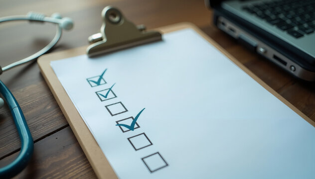 Health Checklist Document on Clipboard with Stethoscope and Laptop  