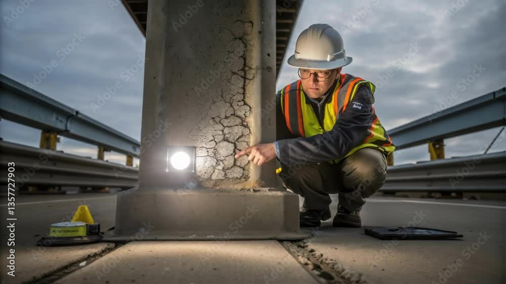 Aufkleber An engineer crouching beside a bridge support closely inspecting the concrete for signs of cracking their face illuminated by a portable light source.