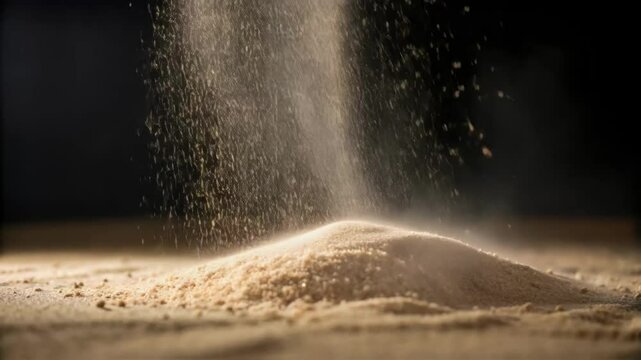 An extreme closeup of fine sand particles illuminated by light as they are propelled towards a surface demonstrating the intricate motion and speed of the blasting process.