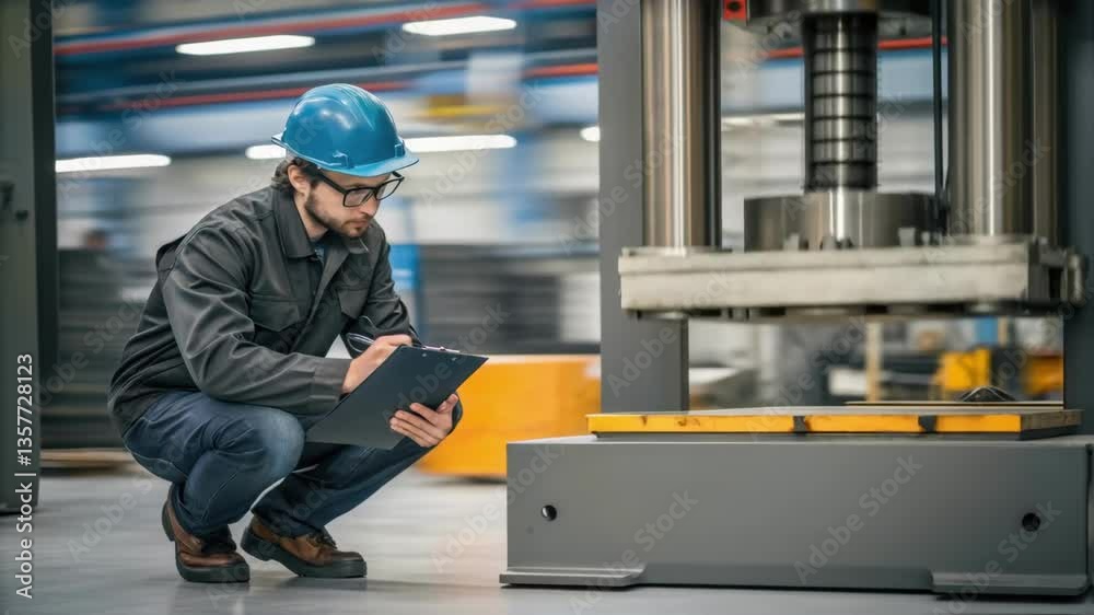 Poster an industrial engineer crouches beside a large hydraulic press noting measurements on a clipboard wh