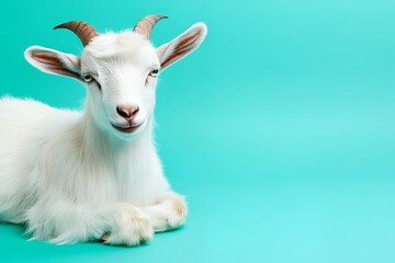 Obraz premium Relaxed white goat with horns on turquoise background