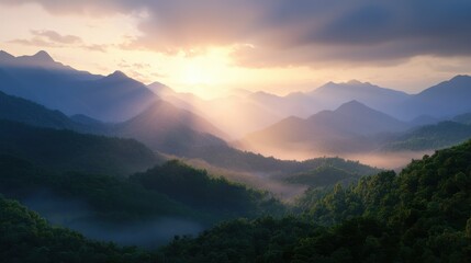 Obraz premium A serene mountain landscape at sunrise, featuring misty valleys and gentle slopes bathed in soft light, creating a tranquil and picturesque scene.