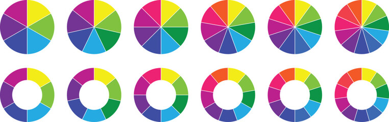Pie chart set, Circle icons for infographic. Colorful diagram collection with 6,7,8,9,10,11 sections and steps. Circle sectin graph.  Vector illustration. 