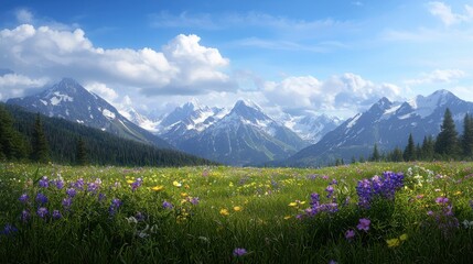 Fototapeta premium A vibrant mountain landscape featuring lush green meadows and colorful wildflowers under a blue sky dotted with fluffy clouds.