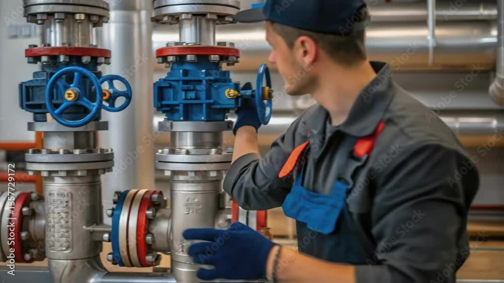 Aufkleber A technician adjusts valves on a heat exchanger focusing on the intricate design of the valve system used for regulating flow and pressure in the unit.