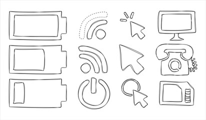 Set of vector internet icons, online communication methods, call, sim card, battery level, pointer, TV, isolated on transparent