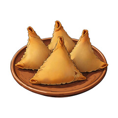 Crispy samosas served on clay plate, traditional indian pakistani street food, deep fried golden triangle snacks
