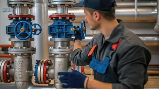 A technician adjusts valves on a heat exchanger focusing on the intricate design of the valve system used for regulating flow and pressure in the unit.