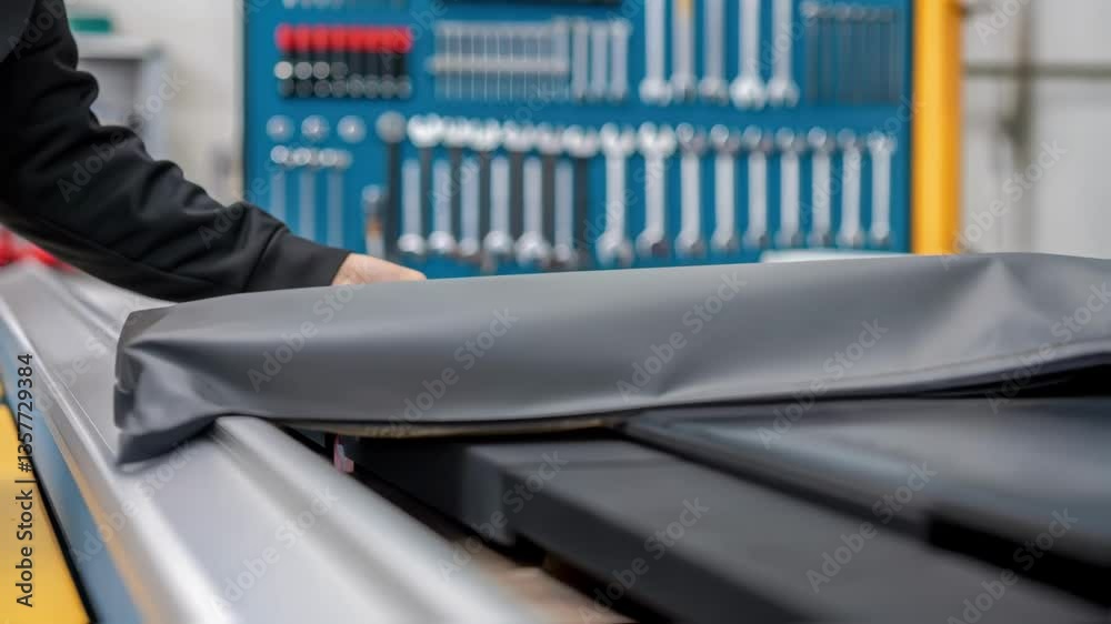 Leinwandbilder a technicians hand guiding a protective cover back onto a conveyor system with tools tered in the ba