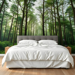 Bed in front of a feature wall with a picture of a forest