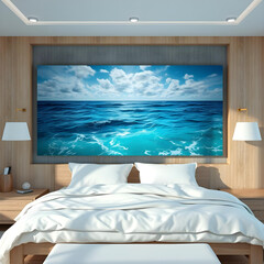 Large bed in front of a wall with a picture of the ocean