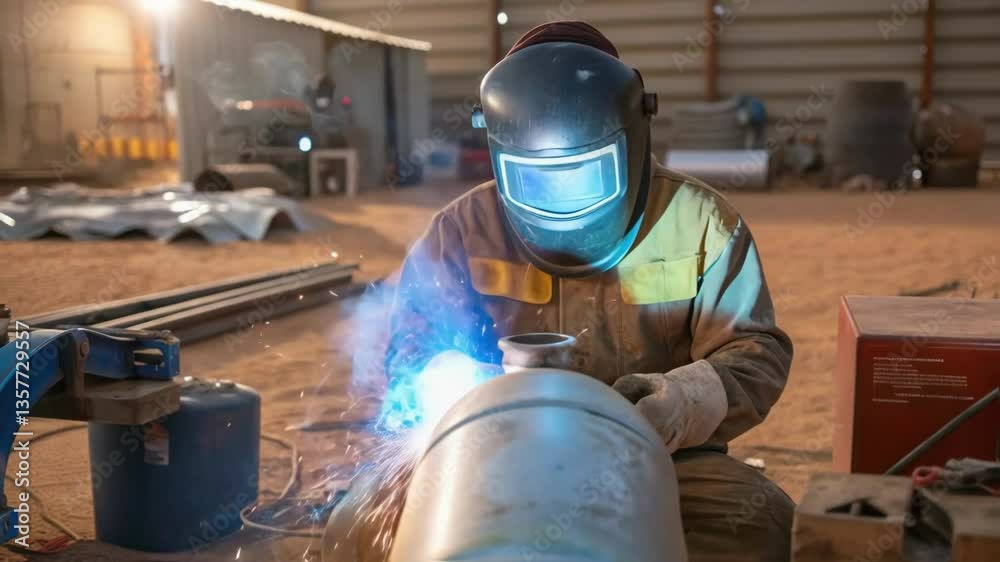 Poster A welder adjusts a gas tank in a dusty work area with tered tools and equipment surrounding him illustrating the practical aspects of welding in a remote setting.