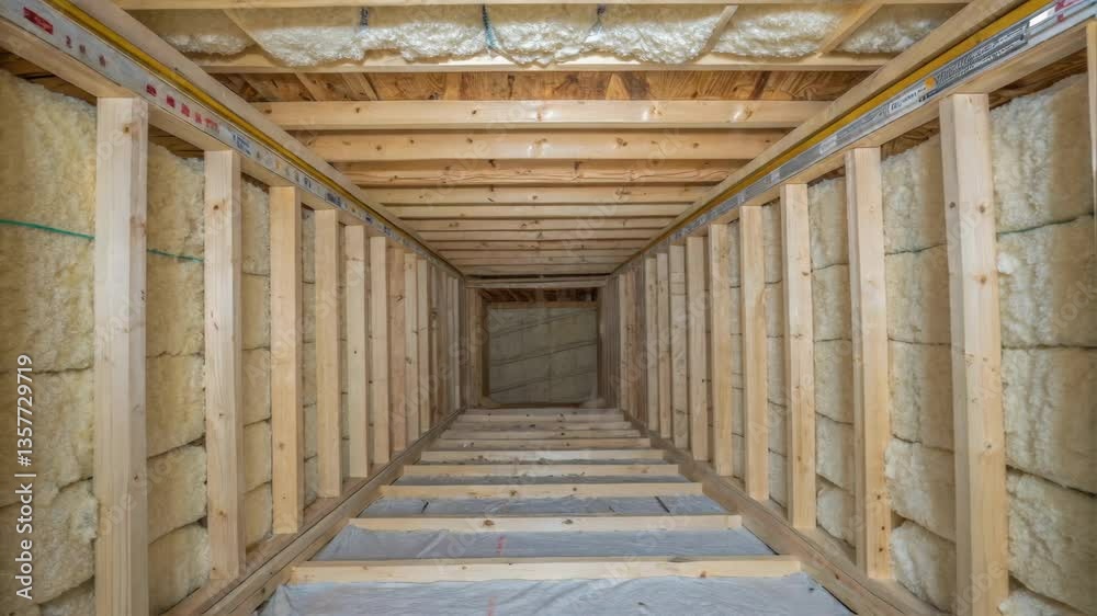 Aufkleber A workers eyelevel perspective showing the insides of a wall cavity insulation in progress highlighting the intricate layering and placement of material against the structural