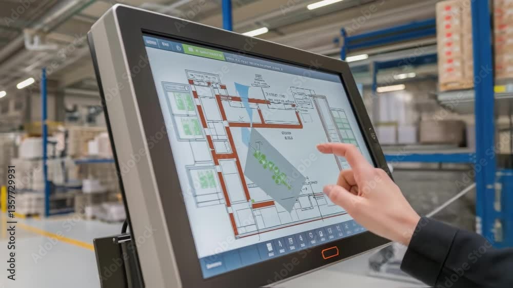 Poster Closeup of a 3D mapping system projecting the layout of a warehouse onto a screen highlighting the paths for optimal retrieval.