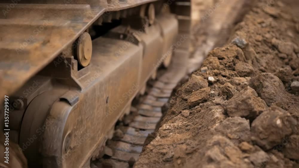 Poster closeup of a bulldozers treads gripping the uneven terrain showcasing the rugged texture of the soil
