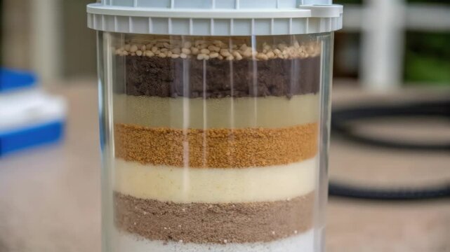 Closeup image of a multilayered sediment filter showing the different filtration stages and the ped impurities colored against the translucent casing.