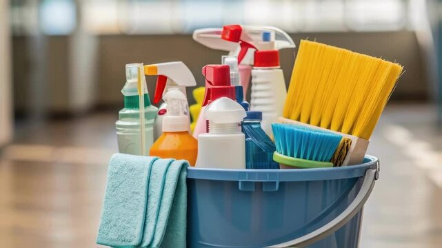 Closeup of a bucket filled with mixed cleaning solutions and brushes lined up ready for use emphasizing preparation and attention to detail.