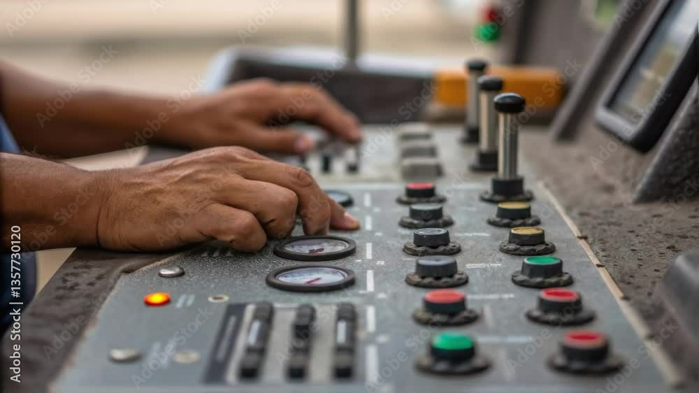Aufkleber Closeup of a control panel with dials and levers fingers grasping the controls as an operator monitors the concrete mixing process focusing on the intricate details of the