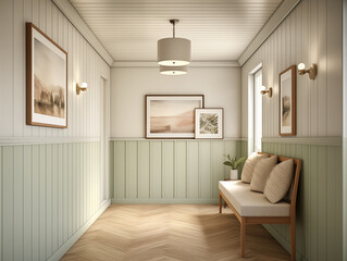 Fototapeta premium Modern hallway with wainscotting wall panelling in neutral and light sage. Hall with wood panels, minimalist natural wood furniture and artwork on the wall.