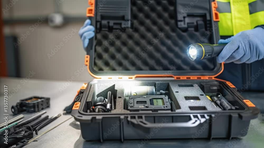 Poster closeup of a disassembled piece of soundproofing equipment highlighting the engineers careful examin