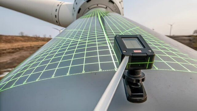 Closeup of a digital laser scanner capturing the surface of a wind turbine blade with the projected grid pattern revealing imperfections that need repair.