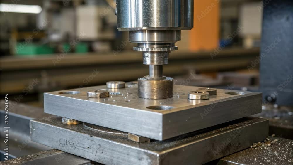 Poster closeup of a hydraulic press applying pressure to a metal blank revealing the metallic textures and 