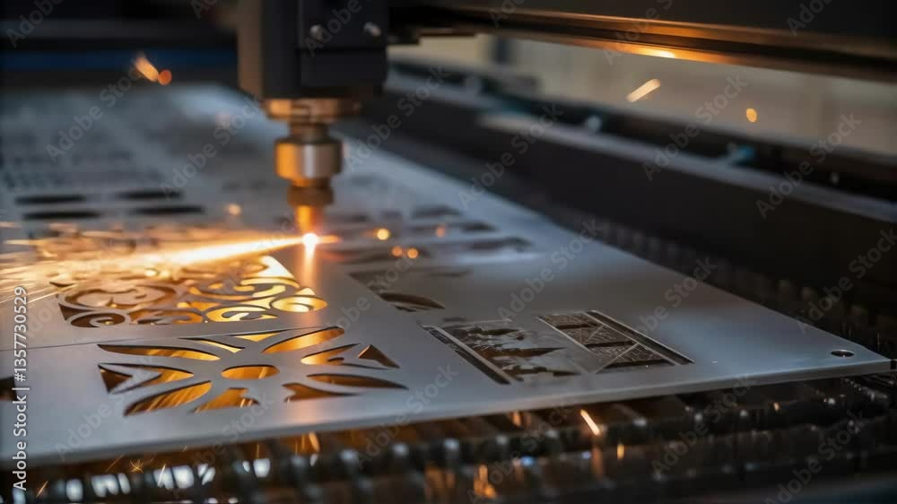 Poster Closeup of a laser ting machine in action with a bright beam focused on a metal sheet creating intricate designs as sparks fly around.