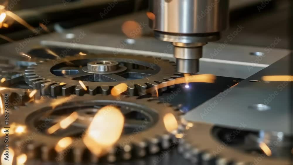 Aufkleber Closeup of a mechanism being tested with gears interlocking and small sparks of light reflecting from polished metal.